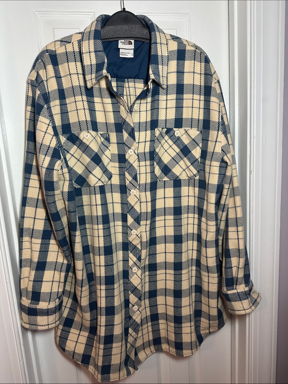 The North Face Navy and Cream Plaid Flannel Button-Down Shirt/Shacket.   0038